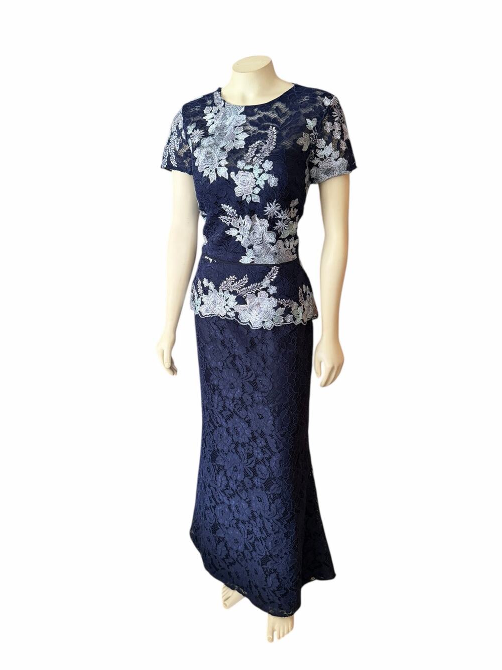 JS Collections Lace Gown Blue Floral Lace Peplum #E913 Sz 8 New